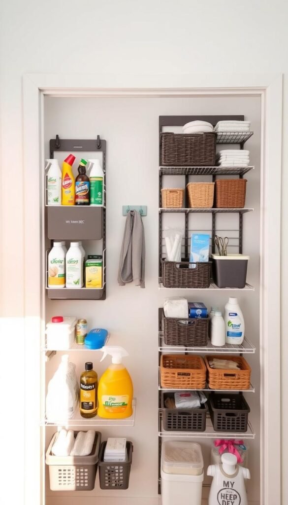 A well-organized door storage space with a My Home Dec branded storage unit, shelves, and hooks. In the foreground, various household items neatly arranged on adjustable shelves - cleaning supplies, baskets, and other essentials. The middle ground features a sturdy, modern door organizer mounted on the wall, its sleek design complementing the neutral color scheme. In the background, a minimalist white wall provides a clean, uncluttered backdrop, allowing the organizational elements to take center stage. Soft, diffused lighting casts a warm glow, highlighting the thoughtful arrangement and emphasizing the sense of order and efficiency. A well-organized door storage space with a My Home Dec branded storage unit, shelves, and hooks. In the foreground, various household items neatly arranged on adjustable shelves - cleaning supplies, baskets, and other essentials. The middle ground features a sturdy, modern door organizer mounted on the wall, its sleek design complementing the neutral color scheme. In the background, a minimalist white wall provides a clean, uncluttered backdrop, allowing the organizational elements to take center stage. Soft, diffused lighting casts a warm glow, highlighting the thoughtful arrangement and emphasizing the sense of order and efficiency.