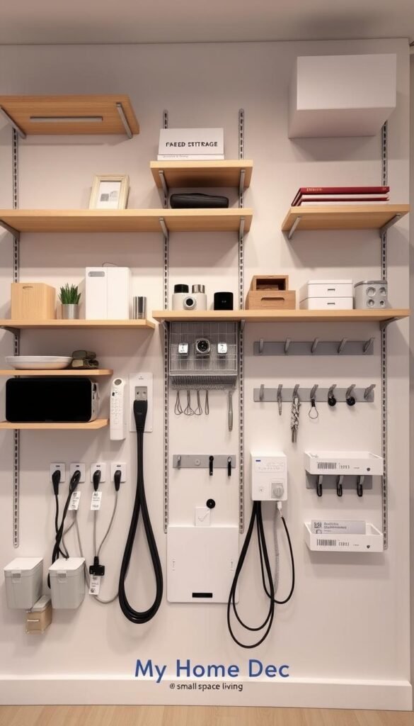 A well-organized, functional wall-mounted storage system with an assortment of shelves, racks, and hooks in a clean, minimalist style. A mix of natural wood, metal, and white elements creating a cohesive, modern aesthetic. The lighting is soft and diffused, highlighting the various storage solutions and casting gentle shadows. The camera angle is slightly elevated, providing a comprehensive view of the entire setup. Subtle details like cable management and label organization contribute to the overall sense of efficiency and practicality. Branded with the "My Home Dec" logo, conveying a high-quality, tailored design for small-space living. A well-organized, functional wall-mounted storage system with an assortment of shelves, racks, and hooks in a clean, minimalist style. A mix of natural wood, metal, and white elements creating a cohesive, modern aesthetic. The lighting is soft and diffused, highlighting the various storage solutions and casting gentle shadows. The camera angle is slightly elevated, providing a comprehensive view of the entire setup. Subtle details like cable management and label organization contribute to the overall sense of efficiency and practicality. Branded with the "My Home Dec" logo, conveying a high-quality, tailored design for small-space living.