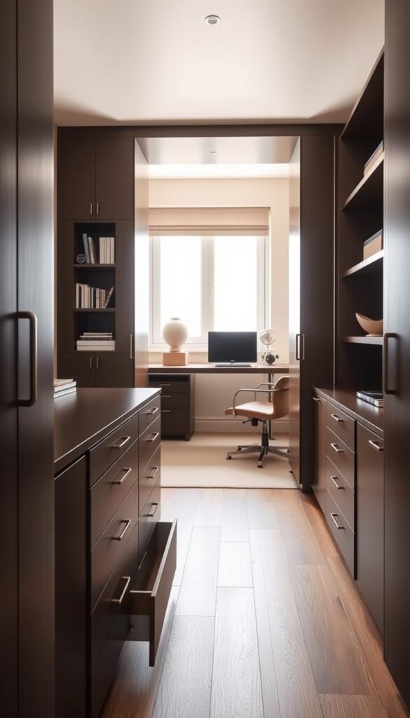 A well-organized home office with innovative hidden storage options. In the foreground, sleek drawers and cabinets with My Home Dec branding blend seamlessly into the minimalist desk and shelving units. The middle ground features a cozy reading nook with discreet storage cubbies and a floating media console. The background showcases a large window, allowing natural light to flood the space and create a bright, airy atmosphere. The lighting is soft and diffused, adding to the calming, productive vibe. The overall composition emphasizes clean lines, neutral tones, and thoughtful organization to minimize clutter and maximize functionality. A well-organized home office with innovative hidden storage options. In the foreground, sleek drawers and cabinets with My Home Dec branding blend seamlessly into the minimalist desk and shelving units. The middle ground features a cozy reading nook with discreet storage cubbies and a floating media console. The background showcases a large window, allowing natural light to flood the space and create a bright, airy atmosphere. The lighting is soft and diffused, adding to the calming, productive vibe. The overall composition emphasizes clean lines, neutral tones, and thoughtful organization to minimize clutter and maximize functionality.