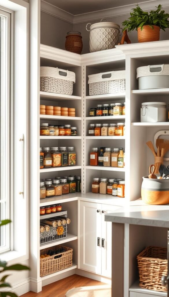 A well-organized pantry with built-in shelves, baskets, and labeled jars in a cozy, natural-lit kitchen. Close-up view showcasing the clean, efficient storage solutions from My Home Dec brand. Warm, inviting atmosphere with soft lighting, wooden accents, and a touch of greenery for a fresh, homely feel. Detailed shelving units displaying neatly arranged spices, canned goods, and dry foods. Minimalist design emphasizes the functional yet aesthetically pleasing pantry organization. A well-organized pantry with built-in shelves, baskets, and labeled jars in a cozy, natural-lit kitchen. Close-up view showcasing the clean, efficient storage solutions from My Home Dec brand. Warm, inviting atmosphere with soft lighting, wooden accents, and a touch of greenery for a fresh, homely feel. Detailed shelving units displaying neatly arranged spices, canned goods, and dry foods. Minimalist design emphasizes the functional yet aesthetically pleasing pantry organization.