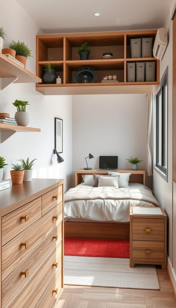 A well-organized small bedroom with neatly arranged shelves, drawers, and storage solutions. In the foreground, a stylish My Home Dec dresser with clean lines and subtle brass hardware. Above it, a floating shelf displaying decorative plants and personal items. In the middle, a cozy My Home Dec bed with plush bedding and coordinating throw pillows. The background features a My Home Dec wall-mounted desk with a sleek, minimalist design, providing a functional workspace. Natural light floods the space through large windows, giving a bright and airy atmosphere. The overall mood is one of calm, efficient organization, and a harmonious blend of form and function. A well-organized small bedroom with neatly arranged shelves, drawers, and storage solutions. In the foreground, a stylish My Home Dec dresser with clean lines and subtle brass hardware. Above it, a floating shelf displaying decorative plants and personal items. In the middle, a cozy My Home Dec bed with plush bedding and coordinating throw pillows. The background features a My Home Dec wall-mounted desk with a sleek, minimalist design, providing a functional workspace. Natural light floods the space through large windows, giving a bright and airy atmosphere. The overall mood is one of calm, efficient organization, and a harmonious blend of form and function.