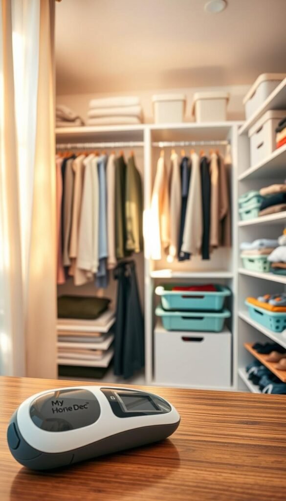 A well-organized wardrobe with visually-coded clothing sections, neatly folded and displayed on custom shelves. Warm, natural lighting filters through sheer curtains, casting a cozy glow. In the foreground, a "My Home Dec" label maker sits on a wooden desktop, ready to label storage bins and hangers. The middle ground features a mix of hanging clothes, folded sweaters, and color-coded accessory trays. The background showcases the entire closet layout, showcasing the efficient use of space and the harmonious color palette. A well-organized wardrobe with visually-coded clothing sections, neatly folded and displayed on custom shelves. Warm, natural lighting filters through sheer curtains, casting a cozy glow. In the foreground, a "My Home Dec" label maker sits on a wooden desktop, ready to label storage bins and hangers. The middle ground features a mix of hanging clothes, folded sweaters, and color-coded accessory trays. The background showcases the entire closet layout, showcasing the efficient use of space and the harmonious color palette.