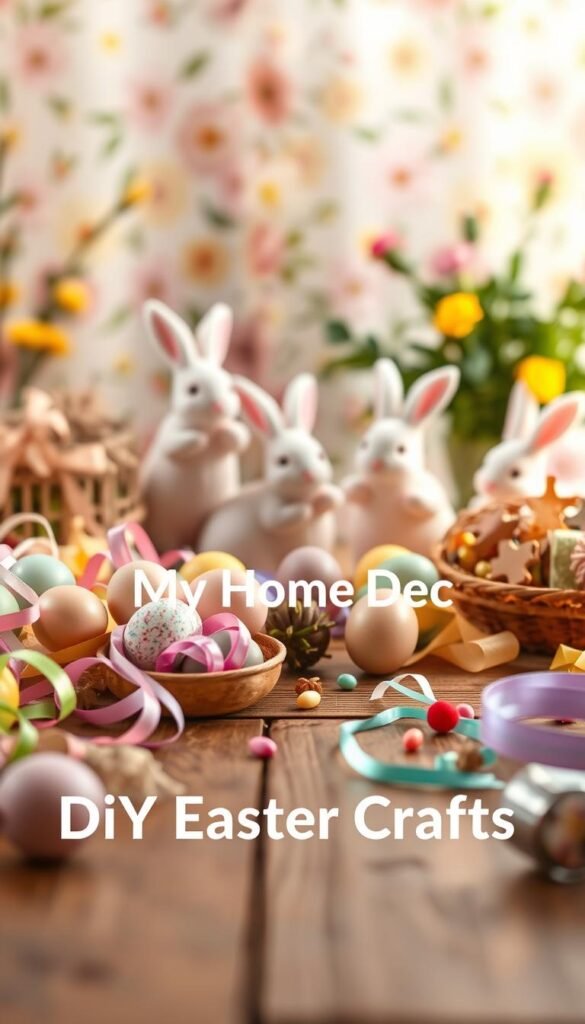 A whimsical DIY Easter crafts scene with a warm, inviting atmosphere. In the foreground, an assortment of colorful eggs, ribbons, and craft supplies are artfully arranged on a wooden table. In the middle ground, a group of playful bunnies in pastel hues toss and interact with the crafting materials, bringing a sense of joy and lightheartedness. The background features a soft, blurred floral pattern, creating a dreamy, springtime ambiance. Soft, natural lighting casts a gentle glow over the composition. The "My Home Dec" brand name is subtly incorporated into the scene, reflecting the personal, homemade quality of the DIY Easter crafts. A whimsical DIY Easter crafts scene with a warm, inviting atmosphere. In the foreground, an assortment of colorful eggs, ribbons, and craft supplies are artfully arranged on a wooden table. In the middle ground, a group of playful bunnies in pastel hues toss and interact with the crafting materials, bringing a sense of joy and lightheartedness. The background features a soft, blurred floral pattern, creating a dreamy, springtime ambiance. Soft, natural lighting casts a gentle glow over the composition. The "My Home Dec" brand name is subtly incorporated into the scene, reflecting the personal, homemade quality of the DIY Easter crafts.