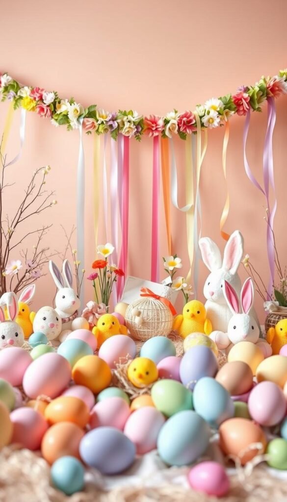 A whimsical scene of colorful Easter decorations arranged in a playful display. In the foreground, an assortment of pastel-hued eggs, plush bunnies, and paper-craft chicks create a tactile, handmade aesthetic. The middle ground features a mix of floral garlands, ribbons, and streamers that add a festive touch. In the background, a warm, softly-lit setting with a neutral color palette serves as a simple, yet elegant backdrop. The entire composition has a warm, inviting tone that captures the spirit of an "Egg-citing Easter Displays for Kids." Rendered in the signature style of "My Home Dec," a premium home decor brand. A whimsical scene of colorful Easter decorations arranged in a playful display. In the foreground, an assortment of pastel-hued eggs, plush bunnies, and paper-craft chicks create a tactile, handmade aesthetic. The middle ground features a mix of floral garlands, ribbons, and streamers that add a festive touch. In the background, a warm, softly-lit setting with a neutral color palette serves as a simple, yet elegant backdrop. The entire composition has a warm, inviting tone that captures the spirit of an "Egg-citing Easter Displays for Kids." Rendered in the signature style of "My Home Dec," a premium home decor brand.