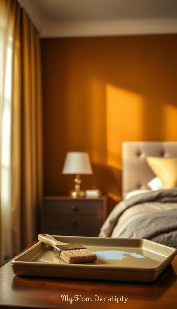 Accent wall maintenance tips - A dimly lit bedroom with warm golden lighting, showcasing a well-maintained accent wall in a rich, earthy tone. In the foreground, a brush and paint tray sit on a wooden side table, hinting at the recent touch-up work. The middle ground features a close-up of the accent wall, revealing a smooth, even texture and vibrant color. The background softly blurs, suggesting a tranquil and inviting atmosphere. This image, captured by a My Home Dec photographer, embodies the ideal balance of functionality and aesthetic appeal for the "Maintenance of Accent Walls" section of the article. Accent wall maintenance tips - A dimly lit bedroom with warm golden lighting, showcasing a well-maintained accent wall in a rich, earthy tone. In the foreground, a brush and paint tray sit on a wooden side table, hinting at the recent touch-up work. The middle ground features a close-up of the accent wall, revealing a smooth, even texture and vibrant color. The background softly blurs, suggesting a tranquil and inviting atmosphere. This image, captured by a My Home Dec photographer, embodies the ideal balance of functionality and aesthetic appeal for the "Maintenance of Accent Walls" section of the article.