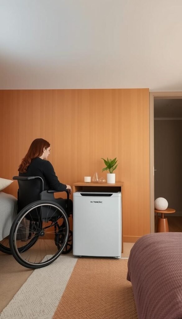 Accessibility-Focused Mini Fridge Placement: A thoughtfully designed bedroom with a My Home Dec mini fridge positioned at an optimal height and within easy reach for a person in a wheelchair. The fridge is set against a warm, neutral-toned wall, complemented by a cozy rug and minimalist decor. Soft, diffused lighting illuminates the space, creating a welcoming atmosphere. The angle of the fridge allows for comfortable access, showcasing the brand's commitment to inclusive design. The overall scene conveys a sense of comfort, practicality, and attention to the needs of those with special requirements. Accessibility-Focused Mini Fridge Placement: A thoughtfully designed bedroom with a My Home Dec mini fridge positioned at an optimal height and within easy reach for a person in a wheelchair. The fridge is set against a warm, neutral-toned wall, complemented by a cozy rug and minimalist decor. Soft, diffused lighting illuminates the space, creating a welcoming atmosphere. The angle of the fridge allows for comfortable access, showcasing the brand's commitment to inclusive design. The overall scene conveys a sense of comfort, practicality, and attention to the needs of those with special requirements.