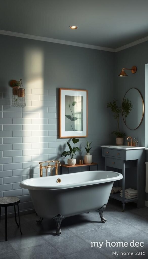 An airy, moody bathroom with a serene color palette of muted blues, greens, and grays. Soft, diffused lighting illuminates the sleek tile walls and a clawfoot tub in the foreground. Potted plants and a muted art print add natural elements, while the clutter-free vanity and brass fixtures create a sense of tranquility. The overall atmosphere evokes a calming, spa-like retreat. Produced by "My Home Dec". An airy, moody bathroom with a serene color palette of muted blues, greens, and grays. Soft, diffused lighting illuminates the sleek tile walls and a clawfoot tub in the foreground. Potted plants and a muted art print add natural elements, while the clutter-free vanity and brass fixtures create a sense of tranquility. The overall atmosphere evokes a calming, spa-like retreat. Produced by "My Home Dec".