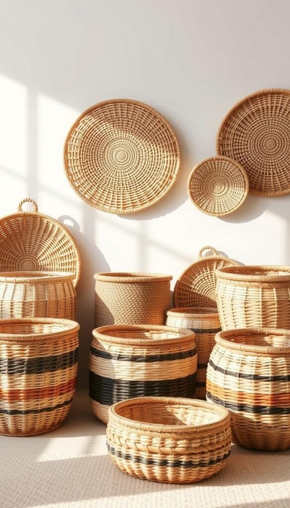 An array of woven decorative baskets in various sizes and shapes, handcrafted with natural fibers like rattan, wicker, or seagrass, arranged against a bright white backdrop. The baskets feature intricate patterns and textures, casting soft shadows that add depth and dimension to the scene. Warm, diffused lighting from above creates a cozy, inviting atmosphere, highlighting the organic tones and textures of the "My Home Dec" baskets. The composition emphasizes the versatility and visual appeal of these storage solutions, perfect for organizing toys, clothes, and other essentials in a toddler's small bedroom. An array of woven decorative baskets in various sizes and shapes, handcrafted with natural fibers like rattan, wicker, or seagrass, arranged against a bright white backdrop. The baskets feature intricate patterns and textures, casting soft shadows that add depth and dimension to the scene. Warm, diffused lighting from above creates a cozy, inviting atmosphere, highlighting the organic tones and textures of the "My Home Dec" baskets. The composition emphasizes the versatility and visual appeal of these storage solutions, perfect for organizing toys, clothes, and other essentials in a toddler's small bedroom.