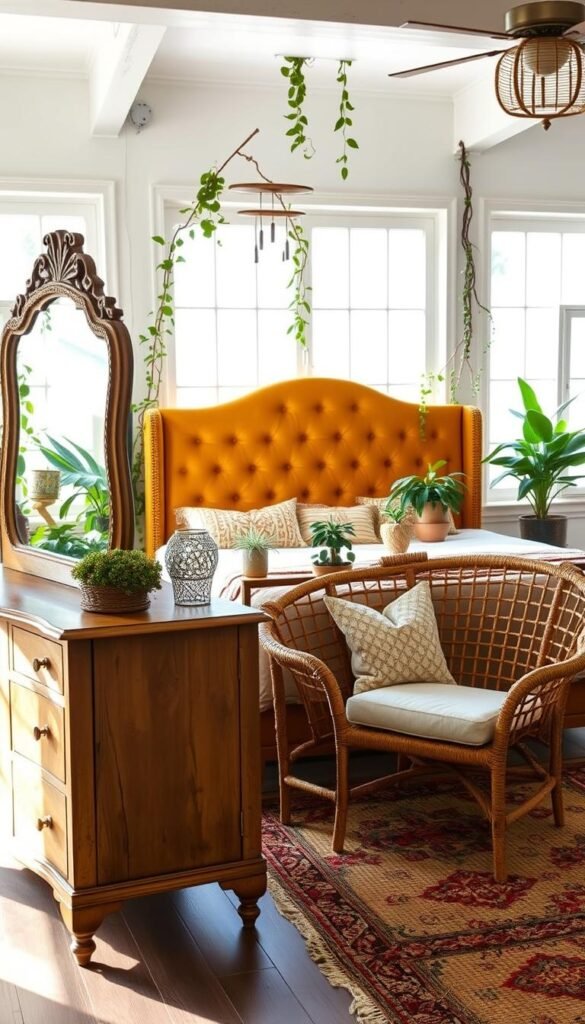 An artfully curated display of repurposed furnishings in a bright, airy boho-inspired bedroom. In the foreground, a rustic wooden dresser with an ornate mirror frame has been given new life with a fresh coat of earthy-toned paint. Beside it, a woven rattan armchair adds a natural, textural element. In the middle ground, a plush, tufted velvet headboard in a rich mustard hue creates a cozy, inviting focal point. Trailing vines and potted plants add a lush, verdant touch, while soft, filtered natural light streams in through large windows, casting a warm glow over the "My Home Dec" scene. An artfully curated display of repurposed furnishings in a bright, airy boho-inspired bedroom. In the foreground, a rustic wooden dresser with an ornate mirror frame has been given new life with a fresh coat of earthy-toned paint. Beside it, a woven rattan armchair adds a natural, textural element. In the middle ground, a plush, tufted velvet headboard in a rich mustard hue creates a cozy, inviting focal point. Trailing vines and potted plants add a lush, verdant touch, while soft, filtered natural light streams in through large windows, casting a warm glow over the "My Home Dec" scene.