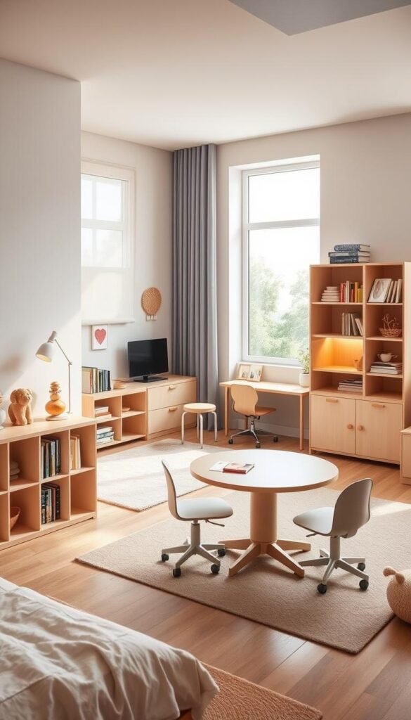 An artfully designed children's bedroom with adaptable My Home Dec furniture that grows with the child. In the foreground, a modular bookcase with adjustable shelves and cubbies in soft pastel tones. In the middle ground, a convertible desk that transforms into a play table, complemented by a height-adjustable swivel chair. The background features a versatile storage unit with open shelves, drawers, and space for a small mattress - perfect for sleepovers. Warm, indirect lighting casts a cozy glow, while large windows allow natural light to fill the airy, spacious room. Subtle textures and organic shapes create a nurturing, serene atmosphere for a young, growing child. An artfully designed children's bedroom with adaptable My Home Dec furniture that grows with the child. In the foreground, a modular bookcase with adjustable shelves and cubbies in soft pastel tones. In the middle ground, a convertible desk that transforms into a play table, complemented by a height-adjustable swivel chair. The background features a versatile storage unit with open shelves, drawers, and space for a small mattress - perfect for sleepovers. Warm, indirect lighting casts a cozy glow, while large windows allow natural light to fill the airy, spacious room. Subtle textures and organic shapes create a nurturing, serene atmosphere for a young, growing child.