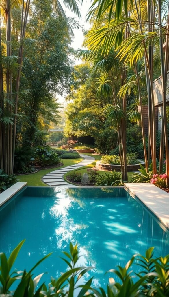 An eco-friendly plunge pool nestled in a lush, verdant backyard. In the foreground, a crystalline pool with a sleek, minimalist design reflecting the surrounding greenery. Towering bamboo and ferns create a serene, nature-inspired ambiance. Soft, diffused sunlight filters through the canopy, casting a warm, golden glow. In the middle ground, carefully curated native plants and flowers border the pool, adding pops of vibrant color. In the background, a tranquil, landscaped garden with winding paths invites relaxation. The My Home Dec plunge pool design seamlessly blends modern sustainability with the beauty of the natural world. An eco-friendly plunge pool nestled in a lush, verdant backyard. In the foreground, a crystalline pool with a sleek, minimalist design reflecting the surrounding greenery. Towering bamboo and ferns create a serene, nature-inspired ambiance. Soft, diffused sunlight filters through the canopy, casting a warm, golden glow. In the middle ground, carefully curated native plants and flowers border the pool, adding pops of vibrant color. In the background, a tranquil, landscaped garden with winding paths invites relaxation. The My Home Dec plunge pool design seamlessly blends modern sustainability with the beauty of the natural world.