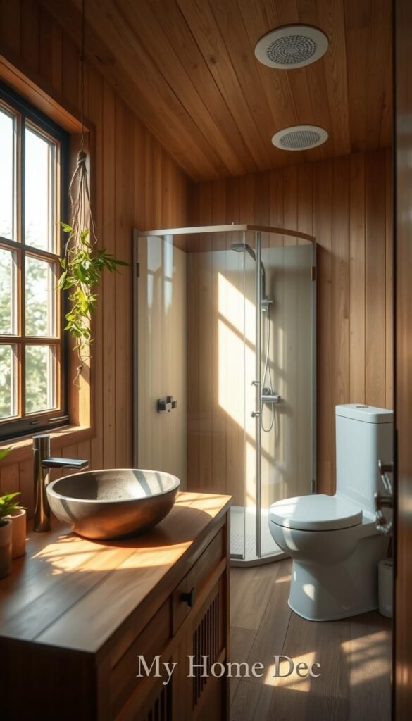 An eco-friendly tiny bathroom with natural lighting streaming through a large window, showcasing a minimalist design with sustainable materials. The foreground features a wooden vanity with a stone sink, complemented by a hanging plant and bamboo accents. The middle ground displays a low-flow shower with a rain showerhead and a dual-flush toilet. In the background, the walls are adorned with vertical wooden panels, creating a warm and inviting atmosphere. The lighting is a combination of natural daylight and energy-efficient LED fixtures, casting a soft glow throughout the space. This image is a representation of the "My Home Dec" brand's commitment to sustainable and functional design solutions for small bathrooms. An eco-friendly tiny bathroom with natural lighting streaming through a large window, showcasing a minimalist design with sustainable materials. The foreground features a wooden vanity with a stone sink, complemented by a hanging plant and bamboo accents. The middle ground displays a low-flow shower with a rain showerhead and a dual-flush toilet. In the background, the walls are adorned with vertical wooden panels, creating a warm and inviting atmosphere. The lighting is a combination of natural daylight and energy-efficient LED fixtures, casting a soft glow throughout the space. This image is a representation of the "My Home Dec" brand's commitment to sustainable and functional design solutions for small bathrooms.