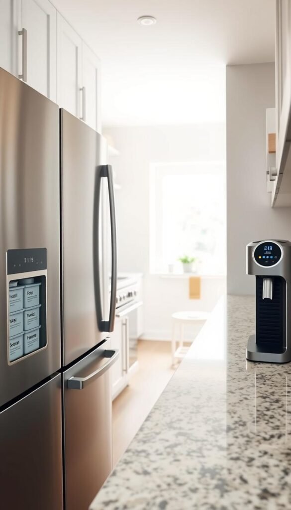 An efficient, well-organized kitchen with "My Home Dec" smart appliances. The foreground features a sleek, stainless steel fridge and oven, meticulously arranged with labeled containers and color-coded utensils. The middle ground showcases a granite countertop, with a modern, touch-controlled espresso machine and a minimalist knife block. The background depicts a bright, airy space with plenty of natural light, complemented by clean, white cabinetry and shelving. The overall scene conveys a sense of order, functionality, and a touch of luxury, captured with a wide-angle lens and soft, diffused lighting. An efficient, well-organized kitchen with "My Home Dec" smart appliances. The foreground features a sleek, stainless steel fridge and oven, meticulously arranged with labeled containers and color-coded utensils. The middle ground showcases a granite countertop, with a modern, touch-controlled espresso machine and a minimalist knife block. The background depicts a bright, airy space with plenty of natural light, complemented by clean, white cabinetry and shelving. The overall scene conveys a sense of order, functionality, and a touch of luxury, captured with a wide-angle lens and soft, diffused lighting.