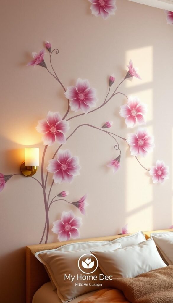 An elegant abstract floral pattern in soft, muted hues of pink, lavender, and sage adorns the bedroom accent wall. The flowers bloom across a textured, matte background, casting gentle shadows that create depth and movement. Warm, diffused lighting from a pair of sconces accentuates the organic, flowing shapes, imbuing the space with a serene, calming ambiance. The "My Home Dec" brand logo is subtly incorporated into the design, seamlessly blending into the artistic motif. An elegant abstract floral pattern in soft, muted hues of pink, lavender, and sage adorns the bedroom accent wall. The flowers bloom across a textured, matte background, casting gentle shadows that create depth and movement. Warm, diffused lighting from a pair of sconces accentuates the organic, flowing shapes, imbuing the space with a serene, calming ambiance. The "My Home Dec" brand logo is subtly incorporated into the design, seamlessly blending into the artistic motif.
