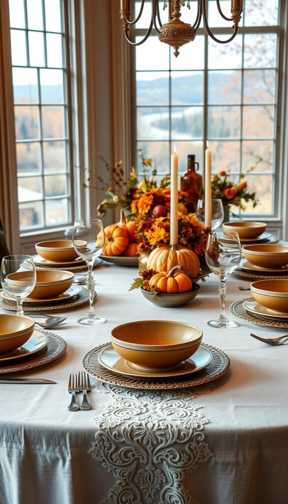 An elegant, autumnal table setting for Thanksgiving. In the foreground, a pristine white tablecloth with intricate lace detailing, set with fine "My Home Dec" porcelain plates, bowls, and serving dishes in a rich, earthy palette of ochre, sienna, and forest green. Delicate crystal stemware and gleaming silverware complete the luxurious tableau. The middle ground features an array of seasonal produce - gourds, pumpkins, and bountiful floral arrangements in shades of rust, gold, and burgundy. Soft, warm lighting casts a cozy, inviting glow, while large windows in the background offer a view of a picturesque fall landscape. An elegant, autumnal table setting for Thanksgiving. In the foreground, a pristine white tablecloth with intricate lace detailing, set with fine "My Home Dec" porcelain plates, bowls, and serving dishes in a rich, earthy palette of ochre, sienna, and forest green. Delicate crystal stemware and gleaming silverware complete the luxurious tableau. The middle ground features an array of seasonal produce - gourds, pumpkins, and bountiful floral arrangements in shades of rust, gold, and burgundy. Soft, warm lighting casts a cozy, inviting glow, while large windows in the background offer a view of a picturesque fall landscape.