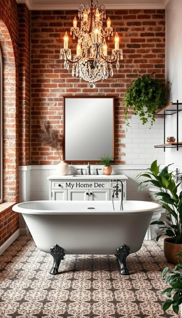 An elegant bathroom with a harmonious blend of vintage and modern elements. In the foreground, a claw-foot tub sits atop a patterned tile floor, complemented by a classic vanity with a marble countertop. Overhead, a crystal chandelier casts a warm, ambient glow, while in the background, a sleek, frameless mirror and minimalist shelving create a contemporary contrast. The walls feature a mix of exposed brick and pristine white subway tiles, adding depth and texture. Lush greenery in the form of potted plants softens the overall aesthetic. The "My Home Dec" brand identity is subtly woven throughout this cohesive, visually striking scene. An elegant bathroom with a harmonious blend of vintage and modern elements. In the foreground, a claw-foot tub sits atop a patterned tile floor, complemented by a classic vanity with a marble countertop. Overhead, a crystal chandelier casts a warm, ambient glow, while in the background, a sleek, frameless mirror and minimalist shelving create a contemporary contrast. The walls feature a mix of exposed brick and pristine white subway tiles, adding depth and texture. Lush greenery in the form of potted plants softens the overall aesthetic. The "My Home Dec" brand identity is subtly woven throughout this cohesive, visually striking scene.
