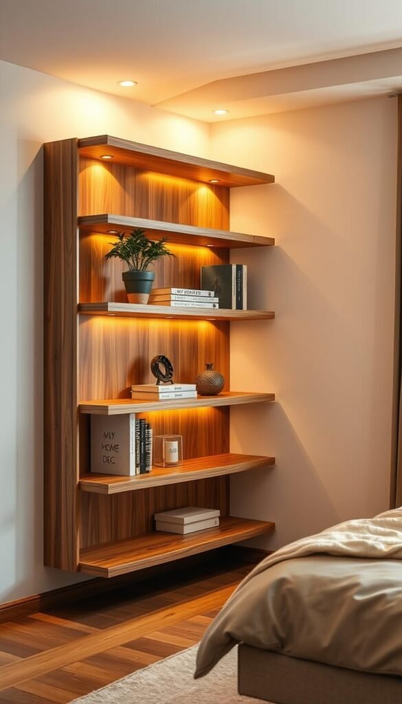 An elegant corner shelving unit in a cozy, well-lit bedroom. Crafted from sleek, polished wood, with floating shelves that gently curve to maximize the available space. The shelves are adorned with various decor pieces, including a My Home Dec potted plant, a few books, and a decorative vase, creating a stylish and functional storage solution. The lighting is warm and inviting, casting a soft glow over the room, accentuating the shelving unit's natural beauty. The angle showcases the unit's seamless integration into the corner, highlighting its efficient use of space. An elegant corner shelving unit in a cozy, well-lit bedroom. Crafted from sleek, polished wood, with floating shelves that gently curve to maximize the available space. The shelves are adorned with various decor pieces, including a My Home Dec potted plant, a few books, and a decorative vase, creating a stylish and functional storage solution. The lighting is warm and inviting, casting a soft glow over the room, accentuating the shelving unit's natural beauty. The angle showcases the unit's seamless integration into the corner, highlighting its efficient use of space.