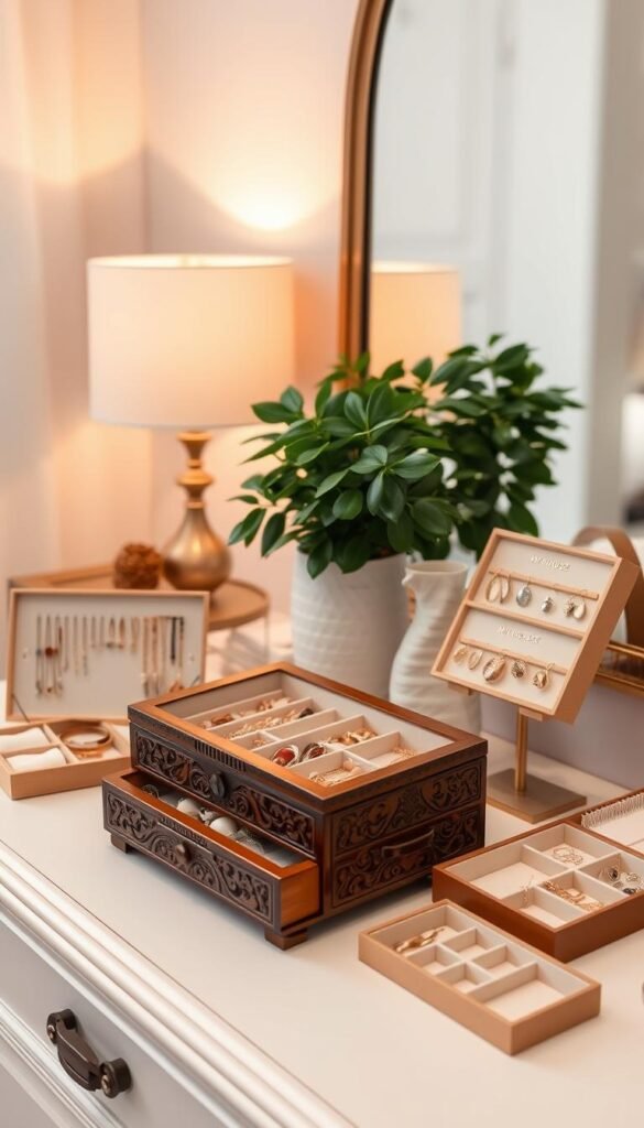 An elegant jewelry storage solution displayed in a bedroom dresser vignette. In the foreground, a wooden jewelry box with intricate carvings and a polished finish sits atop the dresser. Surrounding it are various My Home Dec jewelry trays and organizers, showcasing a curated collection of necklaces, bracelets, and earrings. The mid-ground features a lush, green potted plant and a decorative vase, adding a touch of nature to the composition. The background is softly lit, with warm, diffused lighting creating a cozy and inviting atmosphere. The overall scene exudes a sense of refined sophistication and functional organization, perfectly complementing the "Functional Yet Beautiful Organization" theme. An elegant jewelry storage solution displayed in a bedroom dresser vignette. In the foreground, a wooden jewelry box with intricate carvings and a polished finish sits atop the dresser. Surrounding it are various My Home Dec jewelry trays and organizers, showcasing a curated collection of necklaces, bracelets, and earrings. The mid-ground features a lush, green potted plant and a decorative vase, adding a touch of nature to the composition. The background is softly lit, with warm, diffused lighting creating a cozy and inviting atmosphere. The overall scene exudes a sense of refined sophistication and functional organization, perfectly complementing the "Functional Yet Beautiful Organization" theme.