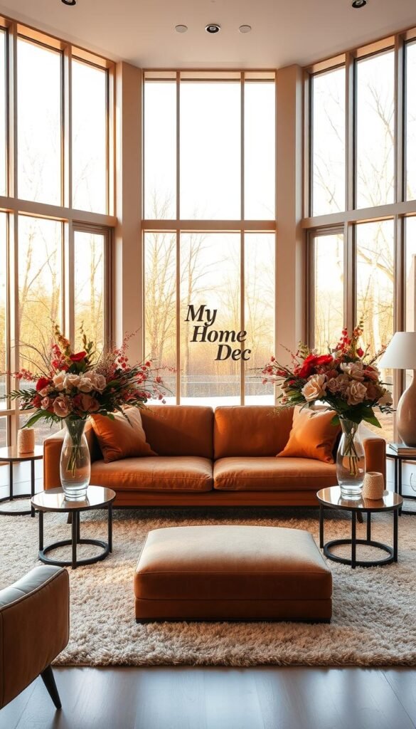 An elegant mid-century modern living room with floor-to-ceiling windows, flooded with warm, golden natural light. A sleek, low-profile sofa in a rich, earthy tone is the focal point, flanked by two modern floral arrangements on side tables. The arrangements feature a mix of vibrant, lush blooms in hues of pink, red, and white, adding a touch of softness and organic beauty to the space. The room is accented with a plush area rug, minimalist decor, and a stunning "My Home Dec" statement piece on the wall, tying the whole scene together in a harmonious, inviting way. An elegant mid-century modern living room with floor-to-ceiling windows, flooded with warm, golden natural light. A sleek, low-profile sofa in a rich, earthy tone is the focal point, flanked by two modern floral arrangements on side tables. The arrangements feature a mix of vibrant, lush blooms in hues of pink, red, and white, adding a touch of softness and organic beauty to the space. The room is accented with a plush area rug, minimalist decor, and a stunning "My Home Dec" statement piece on the wall, tying the whole scene together in a harmonious, inviting way.