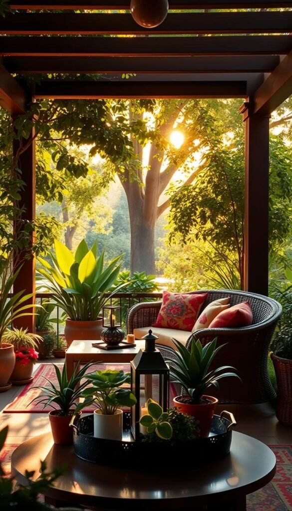 An elegant outdoor living space with vibrant hues and warm, natural lighting. A lush, verdant garden surrounds a cozy seating area, featuring plush, colorful cushions and a striking wicker sofa. Sunlight filters through the canopy of trees, casting a soft, golden glow over the scene. In the foreground, a beautifully curated vignette of potted plants, a lantern, and a decorative tray showcases the attention to detail. The overall atmosphere exudes a sense of tranquility and an enchanting invitation to relax and unwind. My Home Dec: a stylish, nature-inspired oasis. An elegant outdoor living space with vibrant hues and warm, natural lighting. A lush, verdant garden surrounds a cozy seating area, featuring plush, colorful cushions and a striking wicker sofa. Sunlight filters through the canopy of trees, casting a soft, golden glow over the scene. In the foreground, a beautifully curated vignette of potted plants, a lantern, and a decorative tray showcases the attention to detail. The overall atmosphere exudes a sense of tranquility and an enchanting invitation to relax and unwind. My Home Dec: a stylish, nature-inspired oasis.