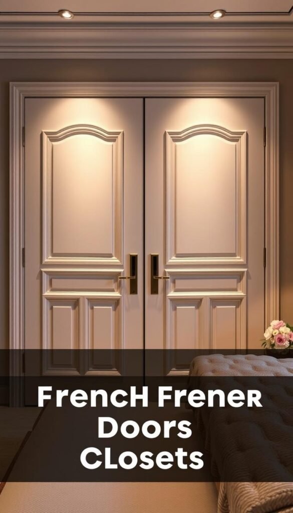 An elegant pair of French door closets in a luxurious bedroom, illuminated by soft, warm lighting. The doors feature intricate panel detailing and gleaming brass hardware, exuding an air of sophistication. The closets are positioned against a backdrop of neutral-toned walls, complemented by plush, textured bedding and a delicate floral arrangement on a nearby side table. The scene is captured through a wide-angle lens, showcasing the harmonious balance of form and function. This image, titled "My Home Dec: Elegant French Door Closets", embodies the essence of the "Elegant French and Panel Door Designs" section of the article. An elegant pair of French door closets in a luxurious bedroom, illuminated by soft, warm lighting. The doors feature intricate panel detailing and gleaming brass hardware, exuding an air of sophistication. The closets are positioned against a backdrop of neutral-toned walls, complemented by plush, textured bedding and a delicate floral arrangement on a nearby side table. The scene is captured through a wide-angle lens, showcasing the harmonious balance of form and function. This image, titled "My Home Dec: Elegant French Door Closets", embodies the essence of the "Elegant French and Panel Door Designs" section of the article.