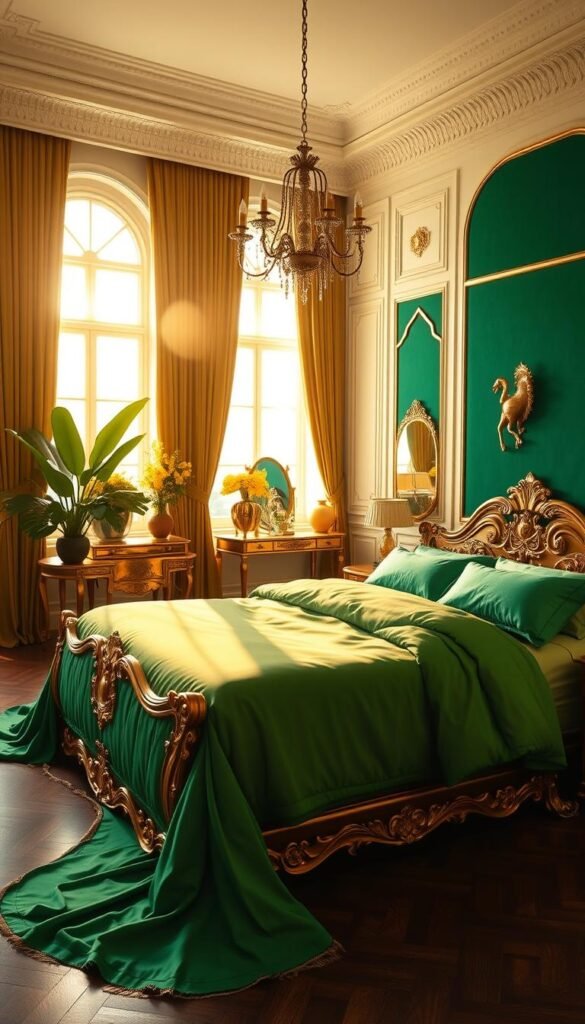 An exquisite, luxurious emerald green and gold bedroom in the style of "My Home Dec". The space is bathed in warm, golden light from a large window, casting a soft, ambient glow. In the foreground, an ornate, gilded bed frame adorned with intricate patterns takes center stage, draped in flowing, emerald green linens. Lush, verdant plants and vases of golden flowers accent the space, adding pops of color. The middle ground features a stylish, gold-accented vanity and matching nightstands, while the background showcases elegant, dark wood floors and a striking, emerald green accent wall. The overall atmosphere is one of opulence, sophistication and tranquility. An exquisite, luxurious emerald green and gold bedroom in the style of "My Home Dec". The space is bathed in warm, golden light from a large window, casting a soft, ambient glow. In the foreground, an ornate, gilded bed frame adorned with intricate patterns takes center stage, draped in flowing, emerald green linens. Lush, verdant plants and vases of golden flowers accent the space, adding pops of color. The middle ground features a stylish, gold-accented vanity and matching nightstands, while the background showcases elegant, dark wood floors and a striking, emerald green accent wall. The overall atmosphere is one of opulence, sophistication and tranquility.