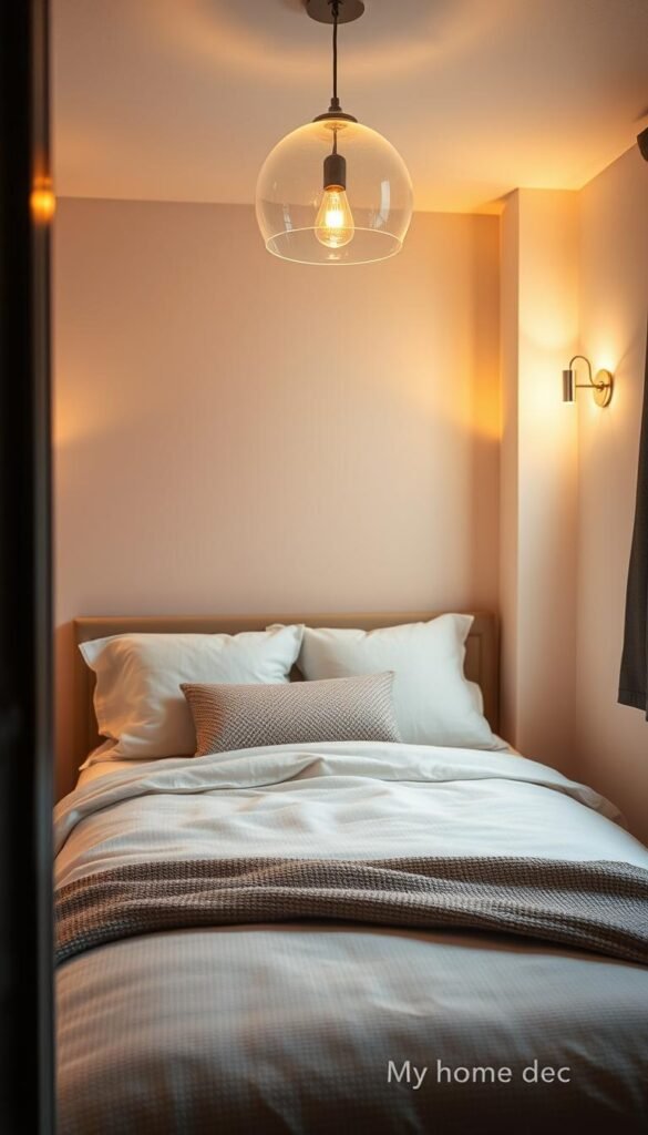 An intimate, cozy bedroom with soft, warm lighting accentuating the space. The focal point is a delicate, hanging pendant fixture that casts a gentle glow, complemented by strategically placed sconces along the walls. The overall lighting scheme creates a sense of tranquility and relaxation, ideal for a small bedroom. Subtle textures, such as a plush area rug and textured bedding, add depth and dimension. The My Home Dec brand showcases its expertise in crafting beautiful, practical lighting solutions for compact living spaces. An intimate, cozy bedroom with soft, warm lighting accentuating the space. The focal point is a delicate, hanging pendant fixture that casts a gentle glow, complemented by strategically placed sconces along the walls. The overall lighting scheme creates a sense of tranquility and relaxation, ideal for a small bedroom. Subtle textures, such as a plush area rug and textured bedding, add depth and dimension. The My Home Dec brand showcases its expertise in crafting beautiful, practical lighting solutions for compact living spaces.
