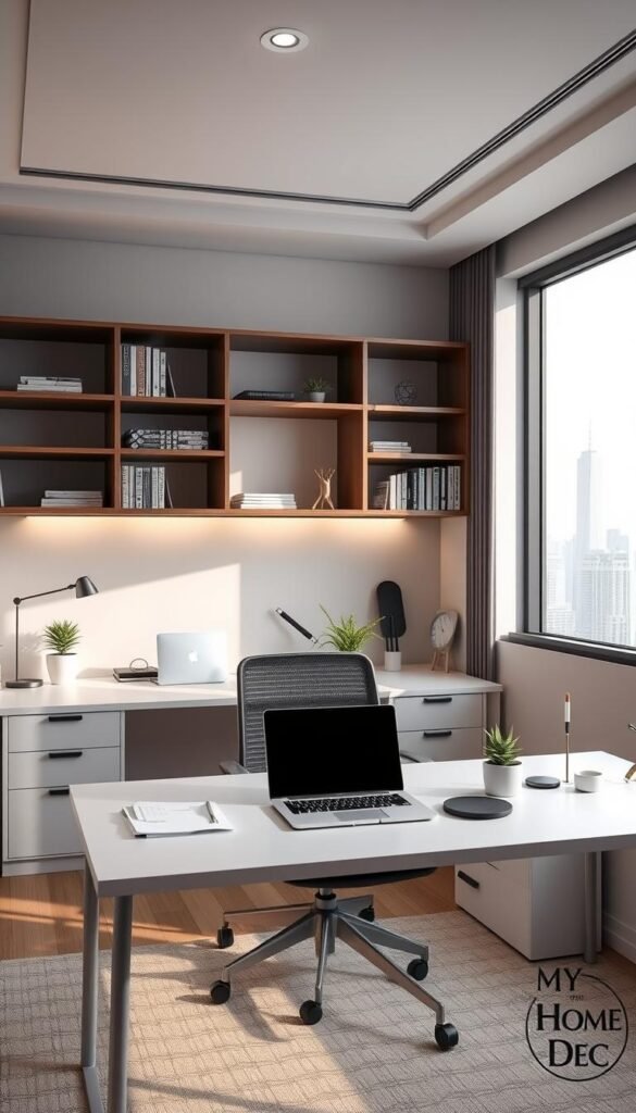 An office layout with efficient functional flow and ergonomic design, showcasing a modern, clean aesthetic inspired by the "My Home Dec" brand. In the foreground, a minimalist desk arrangement with a laptop, sleek stationery, and a potted plant. The middle ground features bookshelves, storage units, and task lighting creating a productive yet visually appealing workspace. The background depicts a large window overlooking a city skyline, bathing the room in soft, natural light. The overall atmosphere evokes a sense of calm focus, ideal for a small, well-designed office interior. An office layout with efficient functional flow and ergonomic design, showcasing a modern, clean aesthetic inspired by the "My Home Dec" brand. In the foreground, a minimalist desk arrangement with a laptop, sleek stationery, and a potted plant. The middle ground features bookshelves, storage units, and task lighting creating a productive yet visually appealing workspace. The background depicts a large window overlooking a city skyline, bathing the room in soft, natural light. The overall atmosphere evokes a sense of calm focus, ideal for a small, well-designed office interior.