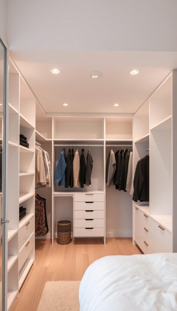An open concept closet with a sleek, minimalist design. The closet features a clean white finish, with a combination of open shelving and hanging rods for a versatile and functional storage solution. Soft, diffused lighting from recessed ceiling fixtures creates a warm, inviting atmosphere. The closet's open layout seamlessly integrates with the bedroom, creating a cohesive and visually appealing My Home Dec design. The overall aesthetic is modern, airy, and effortlessly stylish. An open concept closet with a sleek, minimalist design. The closet features a clean white finish, with a combination of open shelving and hanging rods for a versatile and functional storage solution. Soft, diffused lighting from recessed ceiling fixtures creates a warm, inviting atmosphere. The closet's open layout seamlessly integrates with the bedroom, creating a cohesive and visually appealing My Home Dec design. The overall aesthetic is modern, airy, and effortlessly stylish.