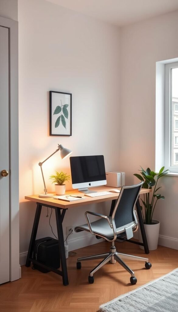 An organized and efficient workspace with a strategic layout for a tiny office. A clean and minimalist "My Home Dec" style workstation with a sleek desktop computer, a modern desk lamp, and a potted plant. The lighting is soft and warm, creating a cozy and productive atmosphere. The desk is positioned against a white wall, with a large window letting in natural light, giving the impression of an airy and open space. The chair is ergonomic and comfortable, allowing for long hours of focused work. The overall arrangement is visually pleasing and optimized for maximum productivity in a limited area. An organized and efficient workspace with a strategic layout for a tiny office. A clean and minimalist "My Home Dec" style workstation with a sleek desktop computer, a modern desk lamp, and a potted plant. The lighting is soft and warm, creating a cozy and productive atmosphere. The desk is positioned against a white wall, with a large window letting in natural light, giving the impression of an airy and open space. The chair is ergonomic and comfortable, allowing for long hours of focused work. The overall arrangement is visually pleasing and optimized for maximum productivity in a limited area.