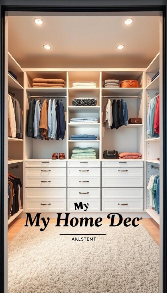 An organized, well-lit closet with a clean, minimalist aesthetic. A central shelving unit with adjustable compartments, featuring a combination of hanging rods, cubbies, and drawers. The shelves display neatly folded clothes and accessories, color-coordinated for a visually appealing display. Elegant lighting fixtures illuminate the space, casting a warm glow. The background walls are painted in a soft, neutral tone, adding to the calming atmosphere. The floor is covered in a plush, patterned rug. In the foreground, a "My Home Dec" branded label prominently showcases the closet organization system. An organized, well-lit closet with a clean, minimalist aesthetic. A central shelving unit with adjustable compartments, featuring a combination of hanging rods, cubbies, and drawers. The shelves display neatly folded clothes and accessories, color-coordinated for a visually appealing display. Elegant lighting fixtures illuminate the space, casting a warm glow. The background walls are painted in a soft, neutral tone, adding to the calming atmosphere. The floor is covered in a plush, patterned rug. In the foreground, a "My Home Dec" branded label prominently showcases the closet organization system.