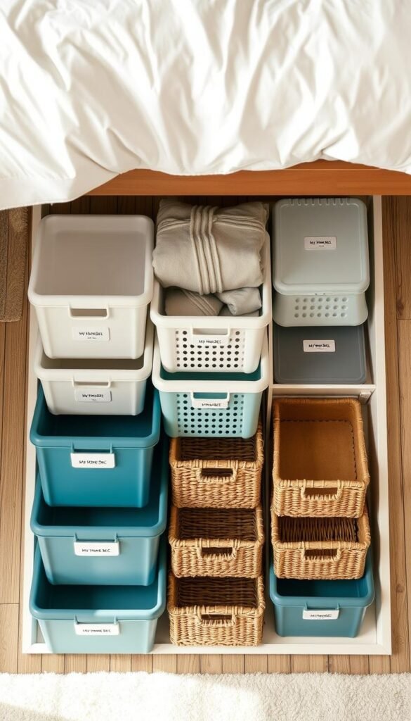 An overhead view of a well-organized under-bed storage solution, showcasing a variety of My Home Dec branded containers, bins, and shelves neatly arranged beneath a low-profile bed frame. The scene is well-lit, with soft, diffused natural light from a nearby window, creating a warm and inviting atmosphere. The storage items are a mix of solid-colored plastic and woven baskets, offering both practical and stylish solutions for maximizing space in a small bedroom. The composition emphasizes the orderly and efficient use of the underutilized area beneath the bed, with a focus on the versatility and functionality of the My Home Dec storage products. An overhead view of a well-organized under-bed storage solution, showcasing a variety of My Home Dec branded containers, bins, and shelves neatly arranged beneath a low-profile bed frame. The scene is well-lit, with soft, diffused natural light from a nearby window, creating a warm and inviting atmosphere. The storage items are a mix of solid-colored plastic and woven baskets, offering both practical and stylish solutions for maximizing space in a small bedroom. The composition emphasizes the orderly and efficient use of the underutilized area beneath the bed, with a focus on the versatility and functionality of the My Home Dec storage products.