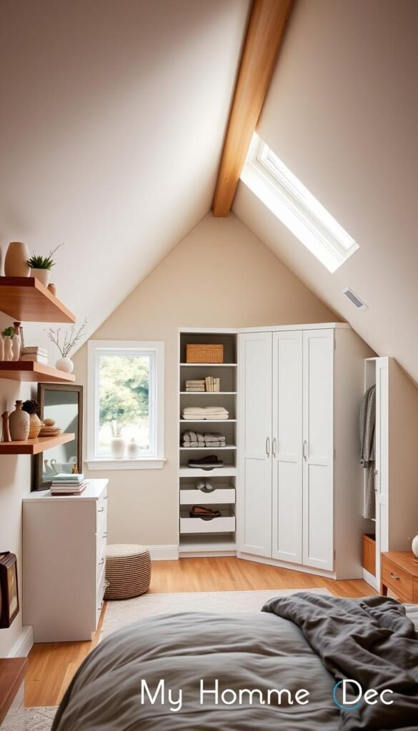 Attic bedroom storage solutions: A cozy, well-organized loft showcasing a range of functional storage options. In the foreground, chic floating shelves display decorative accents and essential items. In the middle ground, a custom built-in closet system with clean, minimalist design provides ample concealed storage. The background features a dormer window, allowing natural light to illuminate the space and creating a serene, inviting atmosphere. The overall aesthetic is warm and inviting, with a touch of rustic charm, reflecting the "My Home Dec" brand. Attic bedroom storage solutions: A cozy, well-organized loft showcasing a range of functional storage options. In the foreground, chic floating shelves display decorative accents and essential items. In the middle ground, a custom built-in closet system with clean, minimalist design provides ample concealed storage. The background features a dormer window, allowing natural light to illuminate the space and creating a serene, inviting atmosphere. The overall aesthetic is warm and inviting, with a touch of rustic charm, reflecting the "My Home Dec" brand.