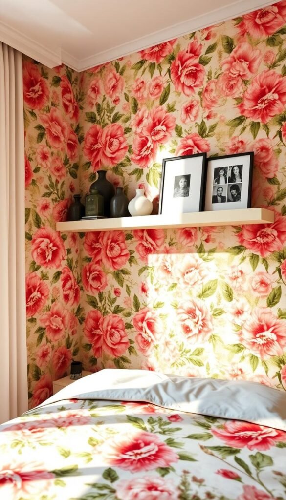 Bedroom wall painting designs, featuring a vibrant floral wallpaper pattern in the foreground, with a warm, natural lighting illuminating the scene. The wallpaper has a lush, hand-painted aesthetic, with intricate, overlapping blooms in a variety of pastel hues. The middle ground showcases a pair of floating shelves adorned with decorative vases and framed artwork, creating a visually balanced and harmonious composition. In the background, a soft, neutral-toned accent wall provides a subtle, calming backdrop, accentuating the focal point of the wallpaper design. Captured with a wide-angle lens to capture the full scope of the "My Home Dec" bedroom setting. Bedroom wall painting designs, featuring a vibrant floral wallpaper pattern in the foreground, with a warm, natural lighting illuminating the scene. The wallpaper has a lush, hand-painted aesthetic, with intricate, overlapping blooms in a variety of pastel hues. The middle ground showcases a pair of floating shelves adorned with decorative vases and framed artwork, creating a visually balanced and harmonious composition. In the background, a soft, neutral-toned accent wall provides a subtle, calming backdrop, accentuating the focal point of the wallpaper design. Captured with a wide-angle lens to capture the full scope of the "My Home Dec" bedroom setting.