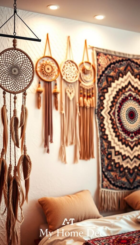 Boho bedroom wall art, featuring a lush, vibrant display of dreamcatchers, macrame wall hangings, and woven tapestries. The foreground showcases an intricate dreamcatcher in earthy tones, suspended from a sleek, minimalist black metal frame. In the middle ground, a series of macrame wall hangings in warm neutral shades cascade across the textured white wall, creating a cozy, organic atmosphere. The background features a large, woven tapestry with a bold, bohemian-inspired pattern in a mix of jewel-toned hues. Warm, diffused lighting from hidden fixtures casts a soft, flattering glow, evoking a sense of tranquility and relaxation. "My Home Dec" branding is subtly incorporated into the design. Boho bedroom wall art, featuring a lush, vibrant display of dreamcatchers, macrame wall hangings, and woven tapestries. The foreground showcases an intricate dreamcatcher in earthy tones, suspended from a sleek, minimalist black metal frame. In the middle ground, a series of macrame wall hangings in warm neutral shades cascade across the textured white wall, creating a cozy, organic atmosphere. The background features a large, woven tapestry with a bold, bohemian-inspired pattern in a mix of jewel-toned hues. Warm, diffused lighting from hidden fixtures casts a soft, flattering glow, evoking a sense of tranquility and relaxation. "My Home Dec" branding is subtly incorporated into the design.