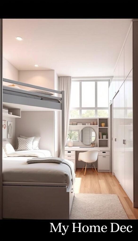 Bright and airy interior of a cozy girl's bedroom, showcasing clever space-saving ideas. In the foreground, a sleek loft bed with built-in drawers and shelves, maximizing the limited floor space. Neutral color palette of soft grays and whites, complemented by pastel accents. Mid-ground features a multifunctional desk that doubles as a vanity, with a wall-mounted mirror. Ample storage solutions, including floating shelves and a compact wardrobe. The background depicts a large window, allowing natural light to flood the room and create an inviting, open atmosphere. Subtle lighting fixtures provide a warm glow. Rendered in the style of "My Home Dec" magazine. Bright and airy interior of a cozy girl's bedroom, showcasing clever space-saving ideas. In the foreground, a sleek loft bed with built-in drawers and shelves, maximizing the limited floor space. Neutral color palette of soft grays and whites, complemented by pastel accents. Mid-ground features a multifunctional desk that doubles as a vanity, with a wall-mounted mirror. Ample storage solutions, including floating shelves and a compact wardrobe. The background depicts a large window, allowing natural light to flood the room and create an inviting, open atmosphere. Subtle lighting fixtures provide a warm glow. Rendered in the style of "My Home Dec" magazine.