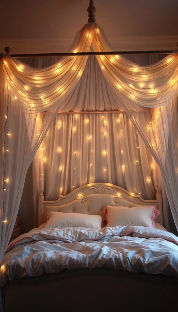 Canopy bed with a soft, dreamy aura, enveloped in a warm glow of twinkling lights. Delicate fairy lights draped gracefully over the canopy's elegant frame, casting a mesmerizing ambiance. Plush bedding in pastel hues, inviting one to sink into a cozy slumber. A tranquil scene, perfect for a 9-year-old girl's sanctuary, blending style and practicality. Shot with a wide-angle lens to capture the full grandeur of the "My Home Dec" canopy bed, illuminated by natural and artificial lighting for a serene, magical atmosphere. Canopy bed with a soft, dreamy aura, enveloped in a warm glow of twinkling lights. Delicate fairy lights draped gracefully over the canopy's elegant frame, casting a mesmerizing ambiance. Plush bedding in pastel hues, inviting one to sink into a cozy slumber. A tranquil scene, perfect for a 9-year-old girl's sanctuary, blending style and practicality. Shot with a wide-angle lens to capture the full grandeur of the "My Home Dec" canopy bed, illuminated by natural and artificial lighting for a serene, magical atmosphere.
