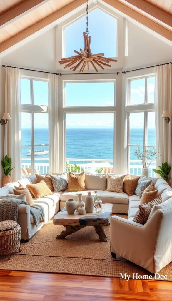 Coastal living room with a personal touch, bright and airy with natural light flooding through large windows overlooking a scenic ocean view. Plush, neutral-toned sectional sofa and armchair, accented with cozy woven blankets and throw pillows in earthy tones and patterns. Driftwood coffee table, ceramic vases, and woven baskets adding rustic-chic elegance. Breezy, white linen curtains frame the view. Hardwood floors, a jute area rug, and potted plants create a warm, inviting atmosphere. Warm, soft lighting from a driftwood chandelier and sconces. The room has a distinct "My Home Dec" style - relaxed, natural, and personalized. Coastal living room with a personal touch, bright and airy with natural light flooding through large windows overlooking a scenic ocean view. Plush, neutral-toned sectional sofa and armchair, accented with cozy woven blankets and throw pillows in earthy tones and patterns. Driftwood coffee table, ceramic vases, and woven baskets adding rustic-chic elegance. Breezy, white linen curtains frame the view. Hardwood floors, a jute area rug, and potted plants create a warm, inviting atmosphere. Warm, soft lighting from a driftwood chandelier and sconces. The room has a distinct "My Home Dec" style - relaxed, natural, and personalized.