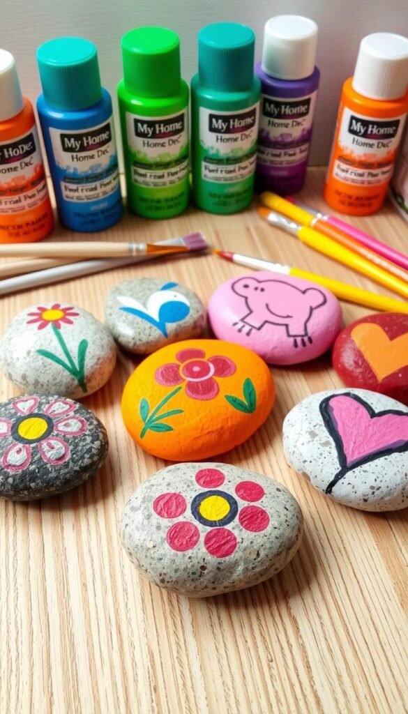 Colorful, whimsical rock painting ideas for kids. Foreground features several smooth river rocks painted with simple, playful designs - flowers, animals, abstract patterns. Vibrant acrylic paints in a range of hues. Rocks arranged on a wooden surface with a neutral backdrop, creating a bright, cheerful composition. Soft, diffused lighting illuminates the textured surfaces, highlighting the brushstrokes. Branded "My Home Dec" paints, brushes, and other art supplies in the background, suggesting an approachable, DIY-friendly project. Colorful, whimsical rock painting ideas for kids. Foreground features several smooth river rocks painted with simple, playful designs - flowers, animals, abstract patterns. Vibrant acrylic paints in a range of hues. Rocks arranged on a wooden surface with a neutral backdrop, creating a bright, cheerful composition. Soft, diffused lighting illuminates the textured surfaces, highlighting the brushstrokes. Branded "My Home Dec" paints, brushes, and other art supplies in the background, suggesting an approachable, DIY-friendly project.