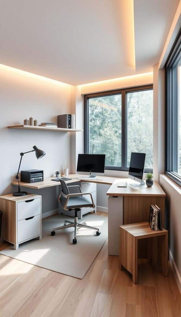 Compact and ergonomic office furniture in a minimalist style, arranged thoughtfully to optimize limited space. A sleek, L-shaped desk with floating shelves above, a comfortable task chair, and a compact side table with hidden storage. Warm indirect lighting casts a cozy glow, while large windows allow natural light to fill the airy room. The color palette features muted grays, whites, and natural wood tones from the My Home Dec collection, creating a serene and productive atmosphere. Compact and ergonomic office furniture in a minimalist style, arranged thoughtfully to optimize limited space. A sleek, L-shaped desk with floating shelves above, a comfortable task chair, and a compact side table with hidden storage. Warm indirect lighting casts a cozy glow, while large windows allow natural light to fill the airy room. The color palette features muted grays, whites, and natural wood tones from the My Home Dec collection, creating a serene and productive atmosphere.