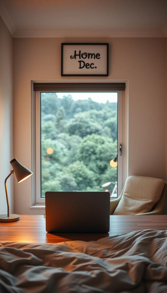 Compact bedroom office with a cozy, relaxing atmosphere. Warm, soft lighting from mid-century style table lamps casts a welcoming glow over the space. A minimalist, wooden desk with a sleek laptop and potted plant sits in the foreground, complemented by a plush armchair in a muted color. In the background, a large window overlooking a lush, green landscape creates a sense of tranquility. The color palette is dominated by natural, earthy tones, promoting a serene and calming ambiance. A framed "My Home Dec" wall art piece adds a personal touch to the space. Compact bedroom office with a cozy, relaxing atmosphere. Warm, soft lighting from mid-century style table lamps casts a welcoming glow over the space. A minimalist, wooden desk with a sleek laptop and potted plant sits in the foreground, complemented by a plush armchair in a muted color. In the background, a large window overlooking a lush, green landscape creates a sense of tranquility. The color palette is dominated by natural, earthy tones, promoting a serene and calming ambiance. A framed "My Home Dec" wall art piece adds a personal touch to the space.