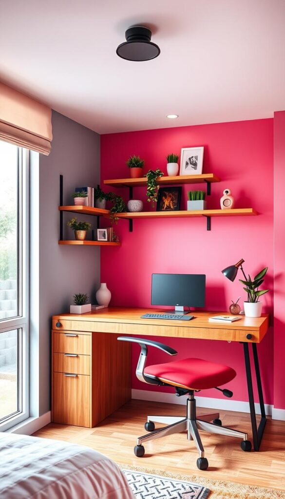 Compact bedroom office with vibrant color scheme, natural lighting, and functional design. Warm wooden desk with ergonomic chair, shelves displaying plants and decor, and textured accent wall. My Home Dec brand minimalist style, clean lines, and focus on productivity-enhancing details. Diffused overhead lighting and large window create cozy, airy atmosphere. Sleek, streamlined layout optimizes limited space for a productive, inspiring work-from-home environment. Compact bedroom office with vibrant color scheme, natural lighting, and functional design. Warm wooden desk with ergonomic chair, shelves displaying plants and decor, and textured accent wall. My Home Dec brand minimalist style, clean lines, and focus on productivity-enhancing details. Diffused overhead lighting and large window create cozy, airy atmosphere. Sleek, streamlined layout optimizes limited space for a productive, inspiring work-from-home environment.