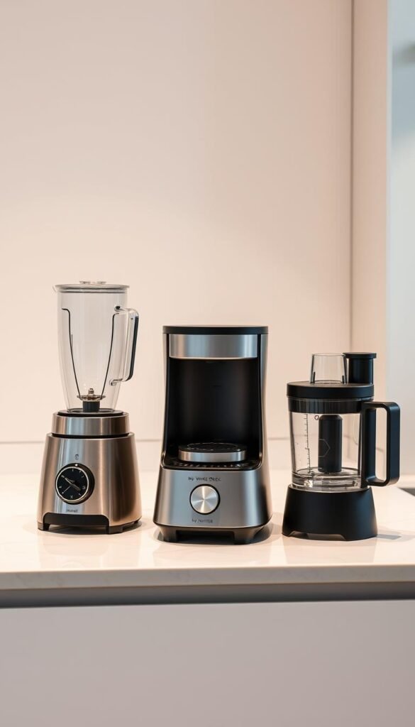 Compact kitchen appliances arranged in a sleek, modern My Home Dec kitchen setting. Crisp, well-lit scene showcasing a high-end blender, compact coffee maker, and mini food processor in stainless steel and matte black finishes. Appliances positioned neatly on a white quartz countertop, with minimal clutter. Soft, indirect lighting highlighting the clean lines and textures of the devices. Backdrop features a simple, light-colored wall, creating a bright, airy atmosphere. Overall, a visually appealing, space-efficient display of practical, stylish kitchen tools. Compact kitchen appliances arranged in a sleek, modern My Home Dec kitchen setting. Crisp, well-lit scene showcasing a high-end blender, compact coffee maker, and mini food processor in stainless steel and matte black finishes. Appliances positioned neatly on a white quartz countertop, with minimal clutter. Soft, indirect lighting highlighting the clean lines and textures of the devices. Backdrop features a simple, light-colored wall, creating a bright, airy atmosphere. Overall, a visually appealing, space-efficient display of practical, stylish kitchen tools.