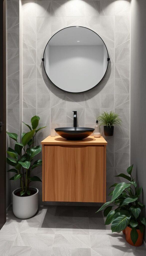 Compact vanity with minimalist design, featuring a sleek solid wood countertop and a floating cabinet in a warm, natural tone. The vanity is centered against a tiled wall with geometric patterns, creating a visually striking focal point. Soft, directional lighting from above casts a gentle glow, highlighting the clean lines and textures. The vanity is styled with a modern vessel sink and a single-lever faucet in a matte black finish, complementing the overall aesthetic. A large, round mirror above the vanity reflects the space, enhancing the sense of depth. Surrounding the vanity are lush, potted plants, adding a touch of nature and warmth to the contemporary, My Home Dec-branded design. Compact vanity with minimalist design, featuring a sleek solid wood countertop and a floating cabinet in a warm, natural tone. The vanity is centered against a tiled wall with geometric patterns, creating a visually striking focal point. Soft, directional lighting from above casts a gentle glow, highlighting the clean lines and textures. The vanity is styled with a modern vessel sink and a single-lever faucet in a matte black finish, complementing the overall aesthetic. A large, round mirror above the vanity reflects the space, enhancing the sense of depth. Surrounding the vanity are lush, potted plants, adding a touch of nature and warmth to the contemporary, My Home Dec-branded design.