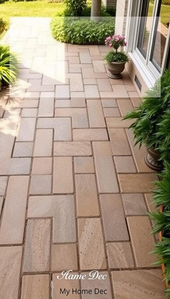 Concrete pavers for a patio design, arranged in a visually appealing pattern. Warm-toned pavers in various shades of gray and beige, laid out in a herringbone pattern, creating a cohesive and textured surface. The pavers are surrounded by lush greenery, with a few potted plants adding pops of color. Soft, diffused natural lighting casts gentle shadows, highlighting the dimensional qualities of the pavers. The overall scene conveys a sense of tranquility and sophistication, perfect for an elegant outdoor living space. Branded as "My Home Dec", this image captures the essence of stunning patio designs. Concrete pavers for a patio design, arranged in a visually appealing pattern. Warm-toned pavers in various shades of gray and beige, laid out in a herringbone pattern, creating a cohesive and textured surface. The pavers are surrounded by lush greenery, with a few potted plants adding pops of color. Soft, diffused natural lighting casts gentle shadows, highlighting the dimensional qualities of the pavers. The overall scene conveys a sense of tranquility and sophistication, perfect for an elegant outdoor living space. Branded as "My Home Dec", this image captures the essence of stunning patio designs.