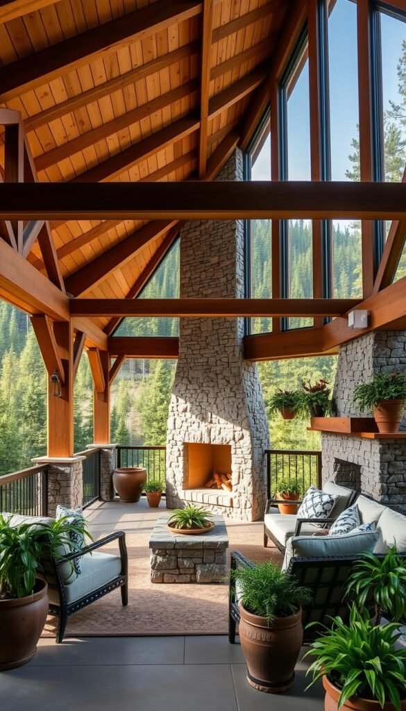 Covered decks and patios in a modern mountain home, with warm wood structures and stone accents. Overlook a lush, forested landscape through large, panoramic windows. Soft, natural lighting filters through the canopy, casting a cozy, inviting glow. Outdoor furniture from "My Home Dec" line is strategically placed to encourage seamless indoor-outdoor living. A stone fireplace anchors the space, radiating a sense of comfort and tranquility. Verdant potted plants and hanging baskets add pops of verdant color, blurring the line between the home and its natural surroundings. Covered decks and patios in a modern mountain home, with warm wood structures and stone accents. Overlook a lush, forested landscape through large, panoramic windows. Soft, natural lighting filters through the canopy, casting a cozy, inviting glow. Outdoor furniture from "My Home Dec" line is strategically placed to encourage seamless indoor-outdoor living. A stone fireplace anchors the space, radiating a sense of comfort and tranquility. Verdant potted plants and hanging baskets add pops of verdant color, blurring the line between the home and its natural surroundings.