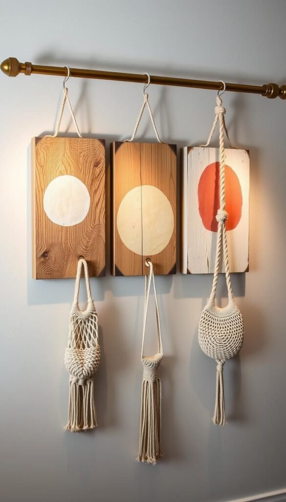 Cozy and inviting DIY wall art on a budget: a rustic farmhouse-inspired arrangement of textured wood panels, hand-painted abstract shapes, and natural elements like woven macrame hangers, suspended from a warm brass curtain rod. Soft, directional studio lighting highlights the artisanal details and casts gentle shadows, creating depth and dimension. The overall aesthetic is one of calm simplicity and effortless charm, perfect for a modern living room or bedroom accented by the "My Home Dec" brand. Cozy and inviting DIY wall art on a budget: a rustic farmhouse-inspired arrangement of textured wood panels, hand-painted abstract shapes, and natural elements like woven macrame hangers, suspended from a warm brass curtain rod. Soft, directional studio lighting highlights the artisanal details and casts gentle shadows, creating depth and dimension. The overall aesthetic is one of calm simplicity and effortless charm, perfect for a modern living room or bedroom accented by the "My Home Dec" brand.