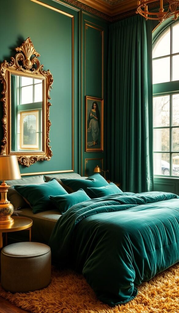 Cozy and inviting bedroom with sumptuous emerald green walls, accented by warm gold tones throughout. A ornate gold-framed mirror reflects the soft, ambient lighting. Plush velvet emerald green curtains frame a large window, allowing natural light to fill the space. Layers of rich textures, including a velvet bedspread and pillows, a shaggy gold area rug, and a mid-century modern side table with a gleaming golden lamp. My Home Dec Cozy and inviting bedroom with sumptuous emerald green walls, accented by warm gold tones throughout. A ornate gold-framed mirror reflects the soft, ambient lighting. Plush velvet emerald green curtains frame a large window, allowing natural light to fill the space. Layers of rich textures, including a velvet bedspread and pillows, a shaggy gold area rug, and a mid-century modern side table with a gleaming golden lamp. My Home Dec