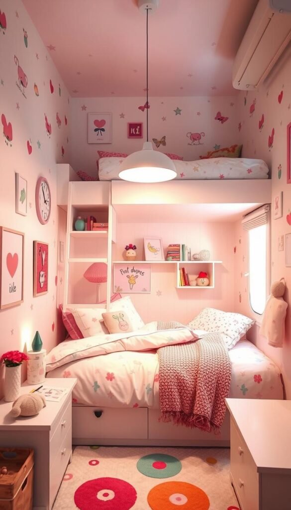 Cozy and vibrant girl's bedroom in a tiny room with walls adorned with whimsical art and decals from the "My Home Dec" brand. Soft, warm lighting from a pendant lamp illuminates the space, casting a comforting glow. Feminine touches like floral accents, plush bedding, and a colorful rug create an inviting, personalized atmosphere. The layout maximizes the limited space with a minimalist design, featuring a lofted bed, sleek built-in shelving, and clever storage solutions. An overall sense of joy, creativity, and thoughtful, intentional styling pervades the scene. Cozy and vibrant girl's bedroom in a tiny room with walls adorned with whimsical art and decals from the "My Home Dec" brand. Soft, warm lighting from a pendant lamp illuminates the space, casting a comforting glow. Feminine touches like floral accents, plush bedding, and a colorful rug create an inviting, personalized atmosphere. The layout maximizes the limited space with a minimalist design, featuring a lofted bed, sleek built-in shelving, and clever storage solutions. An overall sense of joy, creativity, and thoughtful, intentional styling pervades the scene.