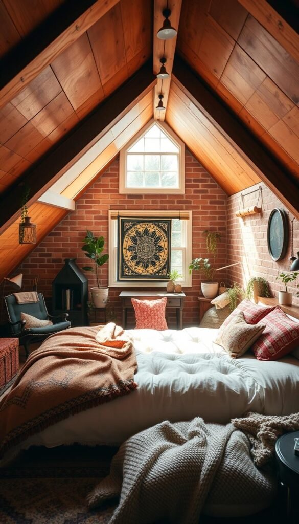 Cozy attic bedroom decor with personal touches. Warm, natural lighting filters through a large window, casting a soft glow on a plush, inviting bed. Rustic wood beams and a brick accent wall create a charming, vintage-inspired ambiance. A decorative tapestry, potted plants, and an antique desk add unique, individualized style. Plush throw blankets and patterned pillows exude comfort and coziness. The space radiates a sense of tranquility and relaxation, perfect for an intimate, personalized retreat. My Home Dec. Cozy attic bedroom decor with personal touches. Warm, natural lighting filters through a large window, casting a soft glow on a plush, inviting bed. Rustic wood beams and a brick accent wall create a charming, vintage-inspired ambiance. A decorative tapestry, potted plants, and an antique desk add unique, individualized style. Plush throw blankets and patterned pillows exude comfort and coziness. The space radiates a sense of tranquility and relaxation, perfect for an intimate, personalized retreat. My Home Dec.